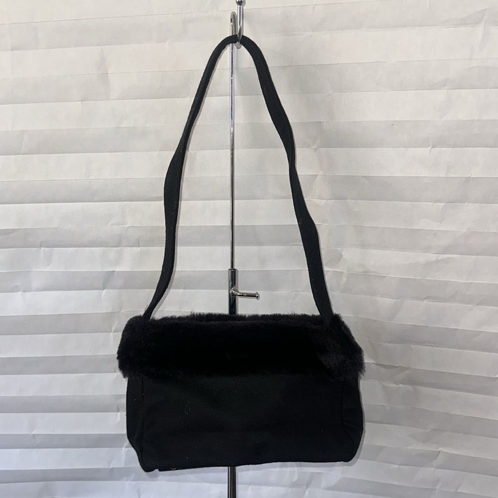 Black Wool Shoulder Bag with Fur Trim Elegant Winter Handbag Fashion Purse